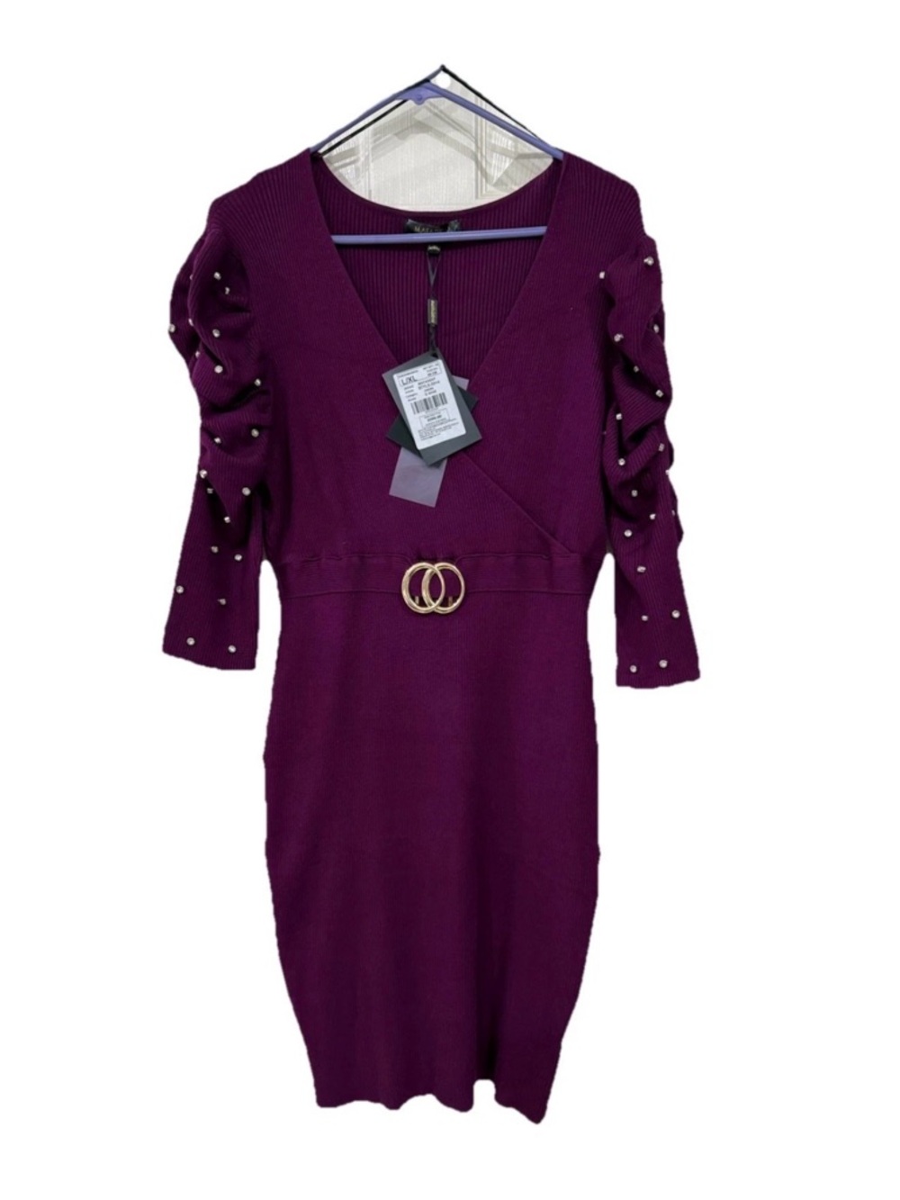 NWT Knit Ribbed Belted Midi Dress with Embellished Sleeves Statement Wine